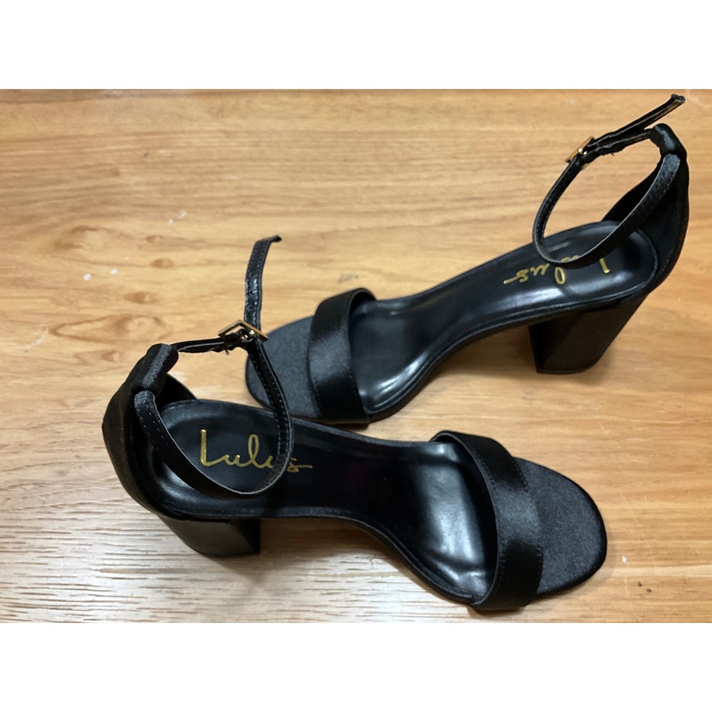 Lulus Black Satin Block Heel Ankle Strap Sandals Size 7.5 Formal Dress Shoes